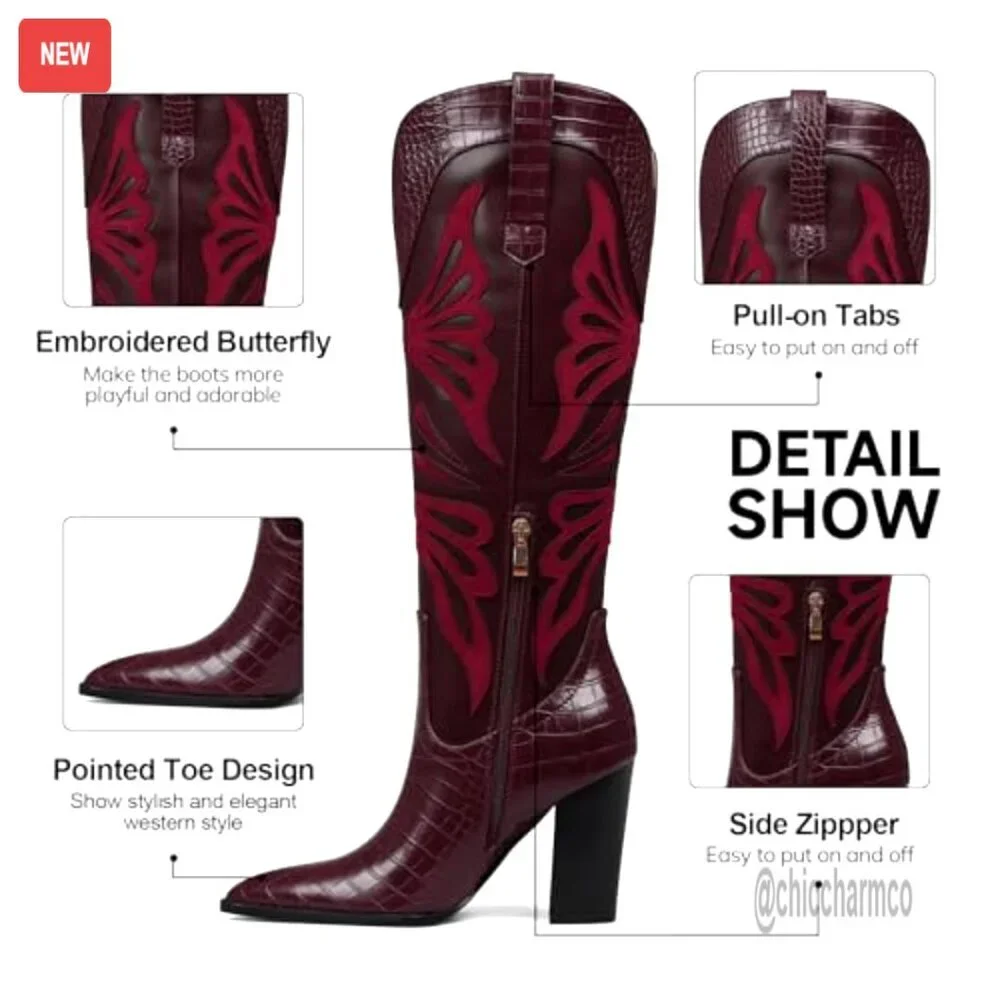 Pointed Toe Knee High Cowboy Boots with Chunky Heel and Butterfly Embroidery - Picture 5 of 7